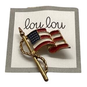 Gold Tone Lou Lou American Flag Brooch Enamel Patriotic Pin Vintage